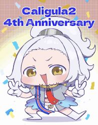 1girl anniversary bangs_pinned_back blue_ribbon caligula_(series) caligula_2 crop_top gloves high_ponytail idol idol_clothes jewelry mineda_mayu multicolored_ribbon ponytail red_ribbon ribbon ring solo striped_ribbon voice_actor_connection white_gloves white_hair x_(caligula_2) yellow_eyes