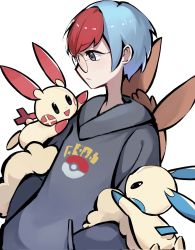 1girl :d black_eyes blue_hair closed_mouth creatures_(company) eevee frown fuxiang game_freak gen_1_pokemon gen_3_pokemon glasses grey_eyes grey_hoodie hands_in_pockets highres hood hood_down hoodie light_blue_hair long_sleeves looking_at_another minun multicolored_hair nintendo open_mouth penny_(pokemon) plusle poke_ball_print pokemon pokemon_(creature) pokemon_sv red_hair round_eyewear short_hair sideways_mouth simple_background smile solid_oval_eyes two-tone_hair very_short_hair white_background