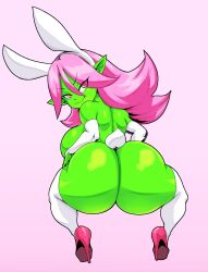 1girl animal_ears ass breasts chinese_zodiac colored_skin dart_(thecon) elbow_gloves female_goblin gloves goblin green_skin high_heels highres huge_ass huge_breasts large_breasts long_hair looking_at_viewer looking_back monster_girl pink_hair pointy_ears rabbit_ears rabbit_tail shortstack smile solo squatting thecon thighhighs white_gloves white_thighhighs year_of_the_rabbit yellow_eyes