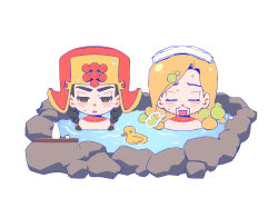 2boys absurdres bathing black_eyes black_hair blonde_hair braid chibi chibi_only choko_(cup) closed_eyes commentary commentary_request cup grape_hat_ornament hair_bobbles hair_ornament hat higashikata_norisuke_iv highres jojo_no_kimyou_na_bouken jojolion long_hair male_focus mamezuku_rai multiple_boys onsen open_mouth partially_submerged red_hat rock rubber_duck shared_bathing steam tokkuri towel towel_on_head transparent_background twin_braids ushanka water wet xiaorong