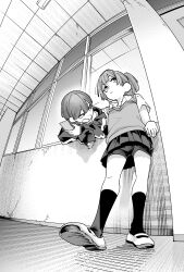 Rule 34 | 2girls, absurdres, bike shorts, gavucchi, greyscale, highres, indoors, kneehighs, monochrome, multiple girls, original, pleated skirt, shoes, short hair, short sleeves, shorts, shorts under skirt, skirt, socks, twintails