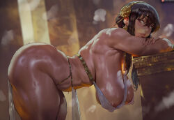 1girl abs alternate_muscle_size ass bare_shoulders biceps black_hair blush breasts earrings flower gold_earrings gold_hairband hair_ornament hairband huge_ass jewelry large_breasts long_hair looking_at_viewer muscular muscular_female navel obliques red_eyes shexyo sidelocks solo spy_x_family sweat thick_thighs thighs toned underwear yor_briar