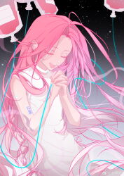 1girl absurdres alien_stage arm_tattoo artist_name blood blood_bag choker closed_eyes commentary dress hashtag-only_commentary highres interlocked_fingers intravenous_drip juan_xin_cai long_hair mizi_(alien_stage) open_mouth own_hands_together pink_hair sleeveless sleeveless_dress solo space star_(sky) tattoo very_long_hair watermark weibo_watermark white_choker white_dress