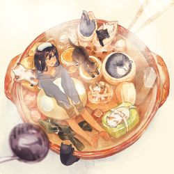 1girl animal barefoot beige_background black_cat blue_eyes bob_cut cabbage calico cat chopsticks dumpling egg_(food) fish_cake food food_on_head from_above grey_hoodie hardboiled_egg highres hood hoodie hotpot in_container in_food konnyaku_(food) ladle long_sleeves meatball mirin_mosa mushroom nabe noodles object_on_head oden original outstretched_leg partially_submerged pot seaweed short_hair simple_background sleeves_past_wrists steam white_cat