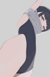 Rule 34 | 1girl, arms up, black hair, black one-piece swimsuit, black school swimsuit, blush, flat chest, from below, grey background, grey eyes, grey shirt, highleg, highleg one-piece swimsuit, hiroki (yyqw7151), looking at viewer, one-piece swimsuit, original, removing shirt, school swimsuit, shirt, short hair, standing, swimsuit, tank top, undressing
