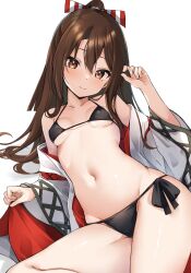 1girl adjusting_hair alternate_costume arm_support bikini black_bikini breasts brown_eyes brown_hair closed_mouth commentary_request covered_erect_nipples cowboy_shot hair_between_eyes hair_ribbon hand_up high_ponytail highres japanese_clothes kantai_collection kimono long_hair long_sleeves looking_at_viewer lying micro_bikini navel on_back open_clothes open_kimono partially_undressed ponytail ribbon side-tie_bikini_bottom simple_background small_breasts solo stomach string_bikini swimsuit white_background white_kimono zarashi zuihou_(kancolle)