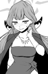 1girl aru_(blue_archive) aru_(dress)_(blue_archive) blue_archive blush breasts coat coat_on_shoulders dress gloves greyscale halo haruhito_(divineshalt) highres horns jewelry looking_at_viewer medium_breasts monochrome necklace parted_lips solo upper_body
