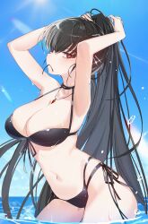 1girl absurdres alternate_costume alternate_hairstyle b_soyo1 bare_arms bare_shoulders bikini black_bikini black_hair blue_archive breasts cleavage hair_between_eyes hair_tie_in_mouth highres jewelry large_breasts long_hair looking_at_viewer mouth_hold navel necklace ocean ponytail red_eyes rio_(blue_archive) stomach swimsuit tying_hair