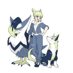 1girl belt bird boltund closed_eyes commentary_request cone_hair_bun crossover double_bun full_body gen_4_pokemon gen_8_pokemon hair_bun hand_on_own_hip highres hood hood_down hoodie hosinyanko jumpsuit limited_palette long_sleeves nintendo open_mouth pokemon pokemon_(creature) protected_link short_hair simple_background sitting smile standing staraptor tomarigi_yasumi toshi_densetsu_kaitai_center transparent_background