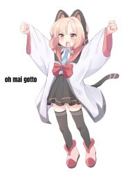 Rule 34 | 1girl, :3, animal ear headphones, animal ears, aqua necktie, arms up, black skirt, black tail, black thighhighs, blonde hair, blue archive, blush, boots, bow, cat ear headphones, cat ears, cat tail, clenched hands, coat, collared shirt, commentary, dot nose, english commentary, english text, engrish commentary, engrish text, fake animal ears, fake tail, fang, full body, hair bow, headphones, highres, long sleeves, low-tied sidelocks, meme, momoi (blue archive), necktie, no halo, oh my gotto (meme), open mouth, parted bangs, pestchandesu, pleated skirt, raised fists, ranguage, rectangular mouth, red boots, red bow, red eyes, school uniform, shirt, shirt tucked in, short hair, sidelocks, simple background, skirt, solo, suspender skirt, suspenders, tail, thighhighs, v-shaped eyebrows, white background, white coat, white shirt, wide sleeves, zettai ryouiki
