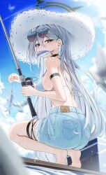 1girl absurdres animal_ear_fluff animal_ears arch_a4 arm_strap barefoot bikini bikini_top_only black_choker blue_archive blue_bikini blue_shorts blue_sky blush breasts broken_halo choker commentary cross cross_hair_ornament dark_halo day denim denim_shorts extra_ears eyewear_on_head fish fish_in_mouth fishing fishing_rod from_behind grey_hair hair_between_eyes hair_ornament halo hat heart heart-shaped_eyewear highres holding holding_fishing_rod inverted_cross large_breasts long_hair looking_at_viewer mismatched_pupils mouth_hold outdoors shiroko_(blue_archive) shiroko_terror_(blue_archive) shorts sky solo squatting sun_hat sweat swimsuit symbol-only_commentary thigh_strap tiptoes very_long_hair white_hat wolf_ears wolf_girl