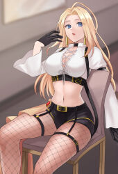 #compass 1girl absurdres blonde_hair blue_eyes breasts chair cleavage earrings fishnet_leggings gloves hazuki_(nyorosuke) highres jewelry large_breasts long_hair looking_at_viewer midriff navel on_chair parted_lips sitting solo very_long_hair violetta_noire