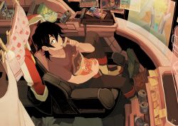 1boy black_hair boots boxers can chips_(food) domon_kasshu earrings eating food from_above g_gundam gundam gundam_wing highres hyakujuu-ou_golion jacket unworn_jacket jewelry keith_(voltron) male_focus male_underwear mullet poster_(medium) poster_(object) sitting solo sticky_note underwear voltron:_legendary_defender voltron_(series)