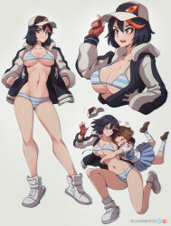2girls accidental_exposure assisted_exposure baseball_cap black_hair blue_eyes blue_neckerchief blue_skirt bra breasts brown_footwear brown_hair closed_eyes closed_mouth commentary cropped_torso english_commentary fingerless_gloves flying_sweatdrops full_body gloves grabbing_another&#039;s_breast groping hair_between_eyes hand_on_headwear hands_in_pockets hat high_tops highres hug jacket jammeryx kill_la_kill kneehighs large_breasts loafers long_sleeves looking_at_viewer looking_to_the_side mankanshoku_mako matoi_ryuuko multicolored_hair multiple_girls multiple_views navel neckerchief open_clothes open_jacket open_mouth panties patreon_logo pleated_skirt red_gloves red_hair school_uniform senketsu shirt shoes short_hair short_sleeves simple_background skirt smile sneakers socks standing stomach streaked_hair striped_bra striped_clothes striped_panties teeth track_jacket twitter_logo twitter_username two-tone_hair underwear undone_bra upper_teeth_only v-shaped_eyebrows wardrobe_malfunction white_background white_footwear white_shirt white_socks