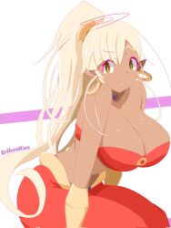 &gt;:p 1girl arm_support artist_name bandeau bare_arms bare_shoulders blonde_hair bracer breasts bright_pupils choker circlet cleavage cosplay dancer dark-skinned_female dark_skin earrings erikuukun hair_ornament harem_outfit harem_pants high_ponytail highres hololive hololive_english hoop_earrings invisible_chair jewelry large_breasts limiter_(tsukumo_sana) long_hair looking_at_viewer o-ring o-ring_top pants pointy_ears ponytail purple_choker red_bandeau red_pants shantae shantae_(cosplay) shantae_(series) sitting solo tsukumo_sana two-tone_background very_long_hair virtual_youtuber white_background white_pupils yellow_eyes