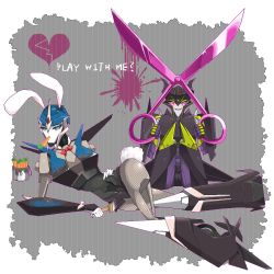 2girls airachnid animal_ears arcee arcee_(prime) autobot carrot fake_animal_ears fishnets leotard mecha_girl multiple_girls paint playboy_bunny rabbit_ears scissors transformers transformers_prime
