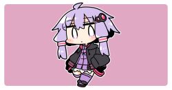 0_0 1girl ahoge black_hoodie black_shoes blush border chibi chibi_only closed_mouth dress full_body hair_ornament hood hood_down hoodie ini_(inunabe00) long_sleeves looking_at_viewer open_clothes open_hoodie outline outside_border pink_background purple_dress purple_eyes purple_hair purple_thighhighs shoes short_hair_with_long_locks simple_background solo standing thighhighs vocaloid voiceroid white_border white_outline yuzuki_yukari