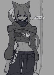 1girl animal_ears arms_at_sides bone_nigi breasts cat_ears cat_girl cat_tail cigarette cropped_jacket english_text greyscale highres holding holding_cigarette kurogai_(bone_nigi) looking_at_viewer midriff monochrome navel original solo speech_bubble tail