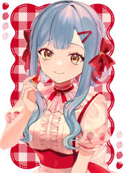 1girl apron arm_at_side back_bow bang_dream! bang_dream!_it&#039;s_mygo!!!!! blue_hair bow breasts buttons ccc_cloudy center_frills closed_mouth commentary_request curly_sidelocks dirndl double_bun food food-themed_hair_ornament food_print frills fruit fruit_print german_clothes hair_bow hair_bun hair_ornament hand_up highres holding holding_food holding_fruit long_sidelocks looking_at_viewer medium_breasts neck_ribbon official_alternate_costume official_alternate_hairstyle plaid_background puffy_short_sleeves puffy_sleeves red_background red_bow red_ribbon ribbon short_sleeves sidelocks smile solo strawberry strawberry_hair_ornament strawberry_print suspenders sweets_paradise swept_bangs togawa_sakiko underbust upper_body waist_apron wavy_sidelocks white_apron yellow_eyes