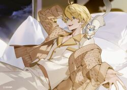 Rule 34 | 1boy, :d, animal, animal on shoulder, antenna hair, arm behind head, beckoning, blonde hair, blue eyes, blurry, blurry background, cardigan, clothed animal, copyright notice, cowboy shot, ferret, hair between eyes, hiyamaru, holostars, indoors, kishido temma, long sleeves, looking at viewer, male focus, midriff peek, night, official art, on bed, open cardigan, open clothes, open hand, open mouth, pajamas, pillow, reclining, shirt, short hair, sleeves past wrists, smile, solo, virtual youtuber, white pajamas, white shirt, window, wing collar, yellow cardigan, yukko (matakite 4kaku)