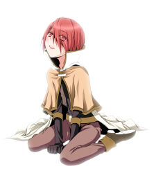 1boy arima_natsubon belt black_gloves black_shirt brown_belt brown_capelet cape capelet commentary_request eyes_visible_through_hair full_body gloves hair_between_eyes laurell_weinder long_bangs looking_up mage_(ragnarok_online) male_focus open_mouth ragnarok_online red_eyes red_hair shirt shoes short_hair simple_background sitting smile solo wariza white_background white_cape white_shoes