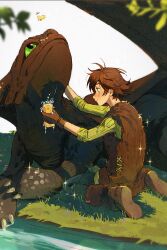 Rule 34 | 2boys, black scales, blush, brown hair, bug, butterfly, claws, cleaning, closed mouth, commentary, dragon horns, english commentary, fur vest, green pants, green shirt, gymnopedies2, hiccup horrendous haddock iii, highres, holding, holding sponge, horns, how to train your dragon (series), how to train your dragon 1, insect, kneeling, looking at another, looking up, male focus, multiple boys, on grass, pants, shirt, sitting, smile, sparkle, sponge, toothless