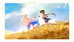 Rule 34 | 2girls, absurdres, bare shoulders, barefoot, black dress, black hair, black shorts, blonde hair, blue sky, breasts, cartethyia (wuthering waves), commentary request, crown of thorns, day, dress, elbow pads, english text, female rover (wuthering waves), hair ribbon, highres, holding wheat, long hair, low ponytail, medium breasts, multiple girls, open mouth, outdoors, ponytail, ribbon, rover (wuthering waves), shorts, sky, smile, starblame, wuthering waves, yellow ribbon