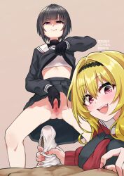 1boy 2025 2girls :d artist_name black_eyes black_gloves black_hair black_hairband black_serafuku black_skirt blonde_hair blur_censor bra brown_background censored closed_mouth commentary_request dated gloves gluteal_fold gojarun hairband handjob highres idolmaster idolmaster_cinderella_girls kurosaki_chitose looking_at_viewer medium_hair multiple_girls neckerchief open_mouth panties penis pink_eyes pov pussy red_neckerchief school_uniform serafuku shirayuki_chiyo short_hair simple_background skirt smile spread_pussy spreading_own_pussy teeth twintails underwear upper_teeth_only white_bra white_panties