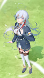 1girl 86_-eightysix- :d absurdres ahoge belt blue_eyes breasts day dress falling_petals floating_hair from_above full_body gani1127 grass grey_hair hair_between_eyes hand_up highres long_hair looking_at_viewer medium_breasts military_uniform multicolored_hair o-ring o-ring_belt open_mouth outdoors petals red_hair shoes smile solo streaked_hair thighhighs very_long_hair vladilena_millize white_thighhighs zettai_ryouiki
