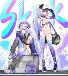 2girls alternate_costume arm_support bag bag_charm bare_shoulders baseball_cap bikini black_bag black_hat black_shirt black_socks blue_hair breasts butterfly_hair_ornament character_name charm_(object) closed_mouth commentary_request cropped_shirt dual_persona duffel_bag full_body genshin_impact hair_ornament hand_up hat highres hood hood_down hooded_jacket jacket knee_up long_hair looking_at_viewer loose_socks medium_breasts miniskirt multiple_girls navel open_clothes open_jacket pleated_skirt ponytail purple_bag purple_hands purple_hat purple_jacket purple_scrunchie purple_shoes purple_thighhighs red_eyes royboy scrunchie shirt shoes sideboob simple_background sitting sitting_on_stairs skirk_(genshin_impact) skirt sleeveless sleeveless_jacket socks stairs standing stomach striped_bikini striped_clothes swimsuit thighhighs thighs turtleneck turtleneck_shirt two-tone_hat very_long_hair white_background white_bikini white_hat white_jacket white_skirt wrist_scrunchie