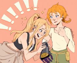 ! !! 2girls :d aeroplanesblues artist_name black_shirt braid breasts cleavage clenched_hand commentary decadence_(anime) english_commentary fullmetal_alchemist hand_up leaning_forward long_hair looking_at_another medium_hair midriff multiple_girls natsume_(decadence) open_mouth orange_hair pink_background ponytail pouch prosthesis prosthetic_arm shirt simple_background small_breasts smile sparkle standing white_shirt winry_rockbell