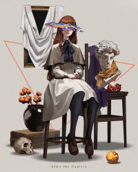 1girl alma_(alma_the_captive) alma_the_captive apple black_leggings blue_neckerchief brown_footwear bust_(sculpture) covered_eyes dress english_text flower food fruit hands_on_lap highres jiro_(ninetysix) leggings neckerchief on_stool partially_shaded_face pomegranate portrait_(object) red_hair scarf sitting skull solo vase white_dress wooden_chair wooden_stool