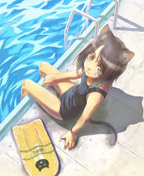 1girl :3 animal_ears black_one-piece_swimsuit brown_hair cat_ears cat_tail female_focus from_above kickboard looking_at_viewer looking_up nyaou one-piece_swimsuit pool pool_ladder poolside school_swimsuit shadow slit_pupils solo swimsuit tail water yellow_eyes