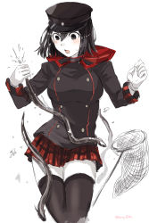 1girl absurdres akitsu_maru_(kancolle) black_eyes black_hair black_hat black_jacket black_thighhighs blush breasts eel fish fishing_net gloves hagioshi hair_between_eyes hat highres hood hood_down jacket kantai_collection large_breasts official_alternate_costume one-hour_drawing_challenge pale_skin red_skirt short_hair simple_background skirt solo sweat thighhighs twitter_username white_background white_gloves