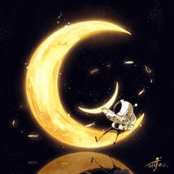 1other artist_name astronaut backpack bag commentary crescent crescent_moon fish flying_fish gloves glowing helmet highres holding kazunoko_(kazunoko_zunoco) looking_up moon on_crescent original other_focus radio_antenna reflection signature sitting solo space space_helmet spacesuit white_gloves yellow_moon