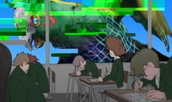 brown_hair classroom desk digimon digimon_adventure glitch green_jacket grey_pants hidden_face highres holding holding_pencil jacket looking_at_another looking_outside multiple_boys pants parrotmon pencil saliva school_uniform sitting tantanmen tongue window writing yagami_taichi