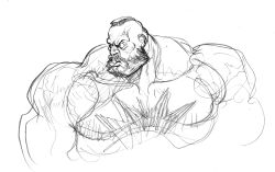 1boy beard chest_hair clenched_teeth facial_hair game_cg greyscale hands_up highres looking_to_the_side male_focus mohawk monochrome muscular muscular_male nishimura_kinu non-web_source official_art open_mouth solo street_fighter street_fighter_ii_(series) teeth zangief