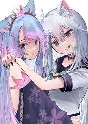 2girls absurdres ahoge animal_ear_fluff animal_ears arms_around_neck arms_around_waist backless_kimono backless_outfit black_choker black_kimono black_nails black_sailor_collar black_sleeves blue_eyes blue_hair bow cat_ears choker collar cropped_shirt detached_sleeves grey_eyes grey_hair highres hug indie_virtual_youtuber japanese_clothes kimono long_hair mozzu123 multicolored_hair multiple_girls nail_polish pink_hair sailor_collar school_uniform serafuku shirt silvervale silvervale_(sakura_goddess) smile streaked_hair swept_bangs vei_(vtuber) vei_(vtuber)_(11th_costume) virtual_youtuber white_serafuku white_shirt wolf_ears wolf_girl