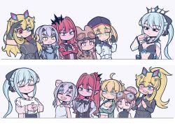 Rule 34 | 6+girls, artoria caster (fate), artoria pendragon (fate), baobhan sith (fate), baobhan sith (first ascension) (fate), barghest (fate), barghest (second ascension) (fate), black bow, black dress, black gloves, black tiara, blonde hair, blue eyes, blush, bow, braid, closed eyes, dress, earrings, fate/grand order, fate (series), gloves, green eyes, grey eyes, habetrot (fate), hair between eyes, hair bow, half up braid, hat, jewelry, long hair, lrl23wznet74220, melusine (fate), melusine (first ascension) (fate), morgan le fay (fate), morgan le fay (third ascension) (fate), multiple girls, open mouth, pink hair, pointy ears, ponytail, simple background, smile, spikes, tiara, very long hair, white hair