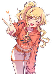 1girl ^_^ absurdres blonde_hair blush closed_eyes collarbone commentary_request cropped_hoodie facing_viewer foreshortening grk_11601 head_tilt heart highres hood hoodie idolmaster idolmaster_cinderella_girls leaning_forward long_hair midriff ohtsuki_yui one_side_up orange_hoodie short_shorts shorts smile solo sweat teeth thighs upper_teeth_only v very_long_hair watermark white_background white_shorts