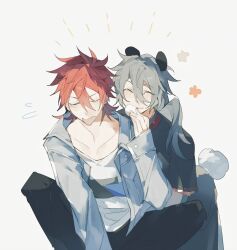 Rule 34 | 2boys, ^ ^, absurdres, amagi rinne, animal ears, black pants, black shirt, chinese commentary, closed eyes, closed mouth, commentary request, ensemble stars!, flying sweatdrops, grey hair, grey jacket, hair between eyes, happy aura, highres, jacket, kemonomimi mode, long hair, long sleeves, male focus, multiple boys, open clothes, open jacket, panda boy, panda ears, panda tail, pants, red hair, shiina niki, shirt, simple background, sitting, smile, tail, tie fei wu mang dashuai, white background, white shirt