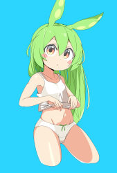 1girl absurdres animal_ears armpits blue_background blush_stickers camisole chestnut_mouth collarbone dot_nose green_hair hair_between_eyes highres loli long_hair looking_at_viewer navel panties pulling_own_clothes sleeveless slyger_ex solo stomach underwear voiceroid white_panties yellow_eyes zundamon