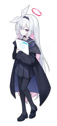 1girl absurdres black_coat black_pantyhose black_sailor_collar black_serafuku black_shoes black_skirt blue_archive blush closed_mouth coat full_body grey_eyes grey_hair hair_over_one_eye halo highres long_hair long_sleeves looking_at_viewer pantyhose plana_(blue_archive) pleated_skirt prana_(prana12) red_halo sailor_collar school_uniform serafuku shoes simple_background skirt smile solo white_background