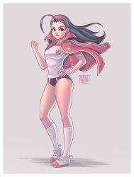 Rule 34 | 1girl, ahoge, artist name, ass, black hair, breasts, brown eyes, capcom, gym uniform, hairband, hand on own hip, highres, iinchou (justice gakuen), jacket, jacket on shoulders, justice gakuen, kneehighs, legs, long hair, mauro albatross, medium breasts, socks, thighs, track jacket