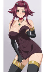 1girl bare_shoulders black_thighhighs blush border breasts brown_eyes choker collarbone dress elbow_gloves female_focus gloves hair_ornament izayoi_aki jewelry large_breasts looking_at_viewer medium_hair necklace no_panties red_hair simple_background sweat thighhighs white_border yu-gi-oh! yu-gi-oh!_5d&#039;s