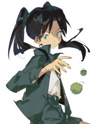 1girl amasawa_yuuko black_hair buttons clenched_teeth creature dennou_coil green_eyes highres hirari_in jacket long_hair midriff_peek no_pupils open_clothes open_jacket parted_lips safety_glasses teeth twintails white_eyes