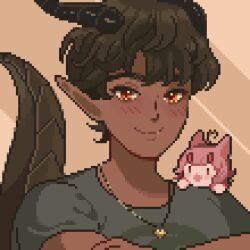 Rule 34 | 2boys, ahoge, black hair, chibi, commentary, commission, crossed arms, dark-skinned male, dark skin, dragon boy, dragon horns, dragon tail, english commentary, hair ornament, hairclip, heart, heart ahoge, heart necklace, horns, jewelry, male focus, mimpish, multiple boys, necklace, original, pixel art, pointy ears, red eyes, smile, tail