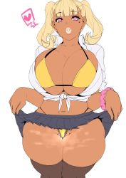 1girl bikini bikini_under_clothes blonde_hair blunt_bangs body_heat breasts brown_thighhighs cleavage clothes_lift collared_shirt cowboy_shot curvy dark-skinned_female dark_skin facing_viewer female_pubic_hair ganguro gyaru heart huge_breasts ky. legs_together lifting_own_clothes limited_palette lipstick looking_at_viewer makeup medium_hair midriff miniskirt mole mole_under_eye navel open_clothes open_shirt original panties pink_eyes pink_scrunchie pleated_skirt pubic_hair pubic_hair_peek puckered_lips revealing_clothes school_uniform scrunchie self_exposure shirt simple_background skindentation skirt skirt_lift solo spoken_heart standing steaming_body swimsuit thick_thighs thigh_gap thighhighs thighs thong thong_bikini tied_shirt twintails underwear whale_tail_(clothing) white_background white_shirt wide_hips wrist_scrunchie yellow_lips yellow_panties