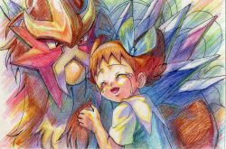1girl 1other blonde_hair closed_eyes crying dress entei eyelashes gen_2_pokemon hair_ornament highres hug legendary_pokemon looking_at_another molly_hale nintendo pokemon pokemon_(anime) pokemon_(classic_anime) pokemon_(creature) pokemon_3:_the_movie_-_spell_of_the_unown:_entei short_sleeves smile teardrop tears traditional_media