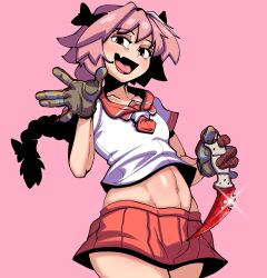 1boy absurdres astolfo_(fate) astolfo_(sailor_paladin)_(fate) black_bow bow braid brown_gloves commentary counter-strike_(series) counter-strike_2 cowboy_shot dagger english_commentary fang fate_(series) glint gloves hair_bow highres holding holding_dagger holding_knife holding_weapon hugo_(rushbordie) karambit knife long_hair looking_at_viewer male_focus navel open_mouth orange_eyes pink_background pink_hair red_sailor_collar red_skirt reverse_grip sailor_collar shirt short_sleeves simple_background single_braid skin_fang skirt smile solo trap waving weapon white_shirt